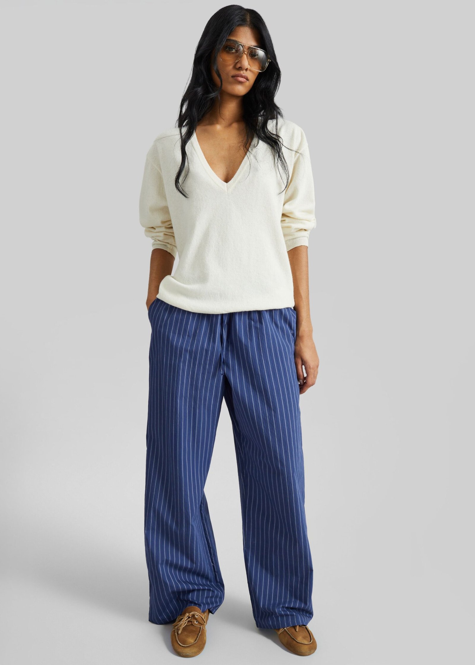 Drawstring Wide Pants - Blue Stripe