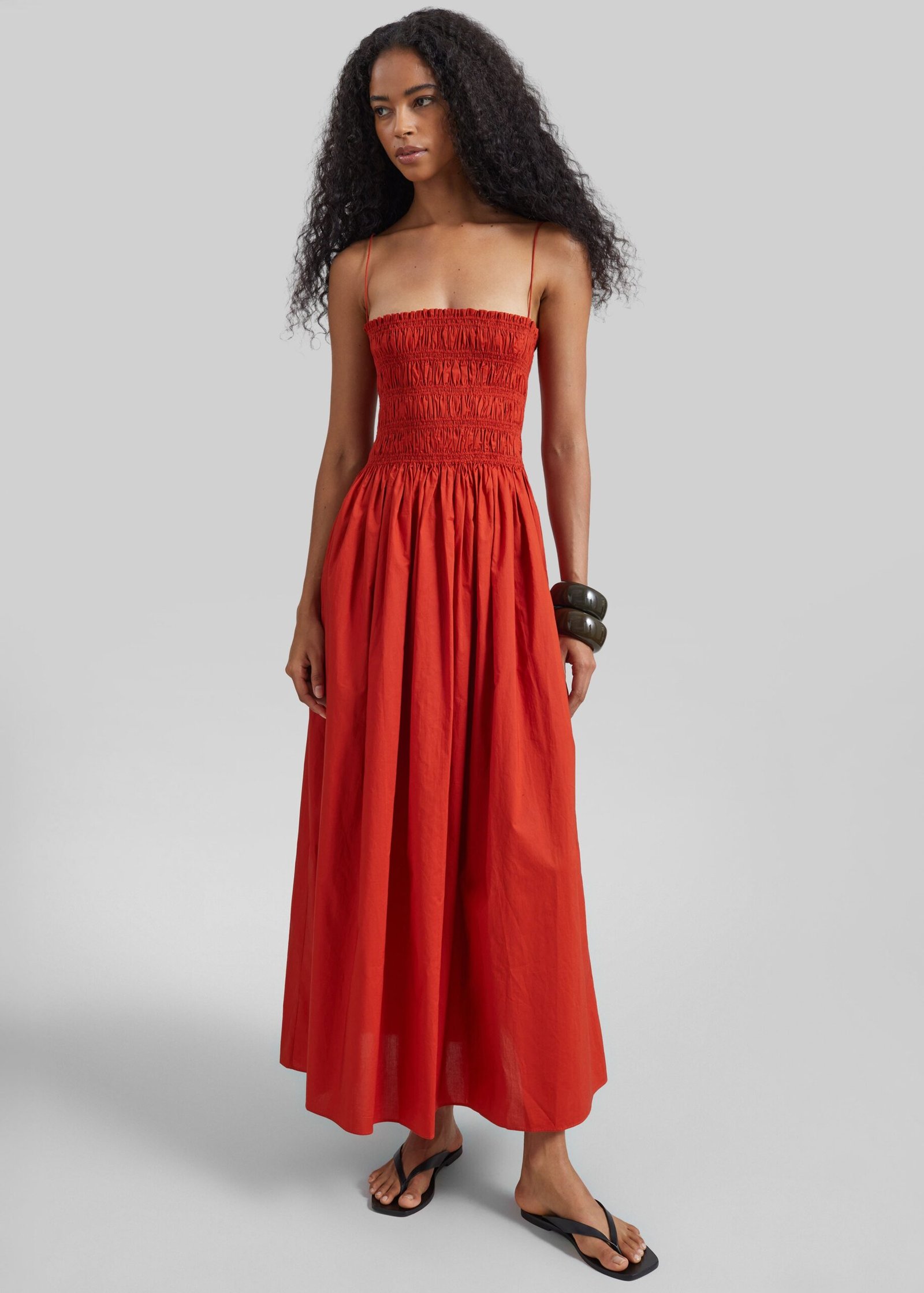 Shirred Bodice Dress - Tomato