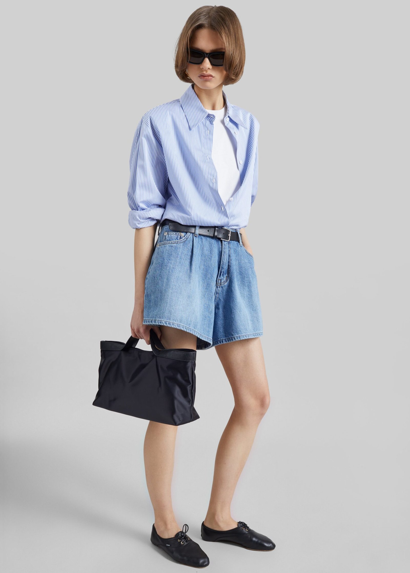Pleated Denim Shorts - Medium Wash